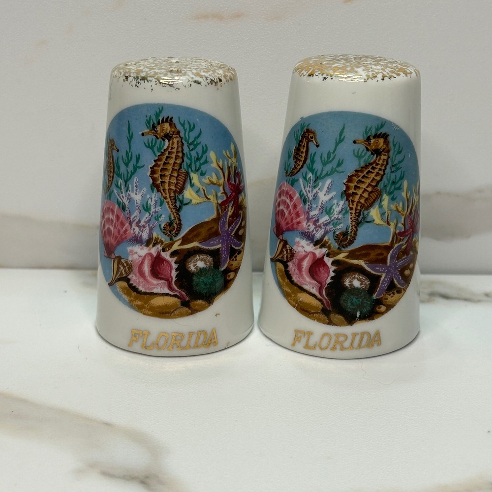 Vintage Florida Souvenir Salt and Pepper Shakers Seahorse Shells Japan Gold Trim